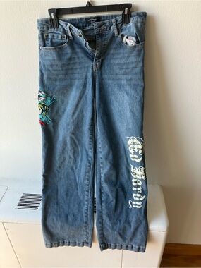Ed Hardy Blue Straight-Leg Jeans with Colorful Embroidery